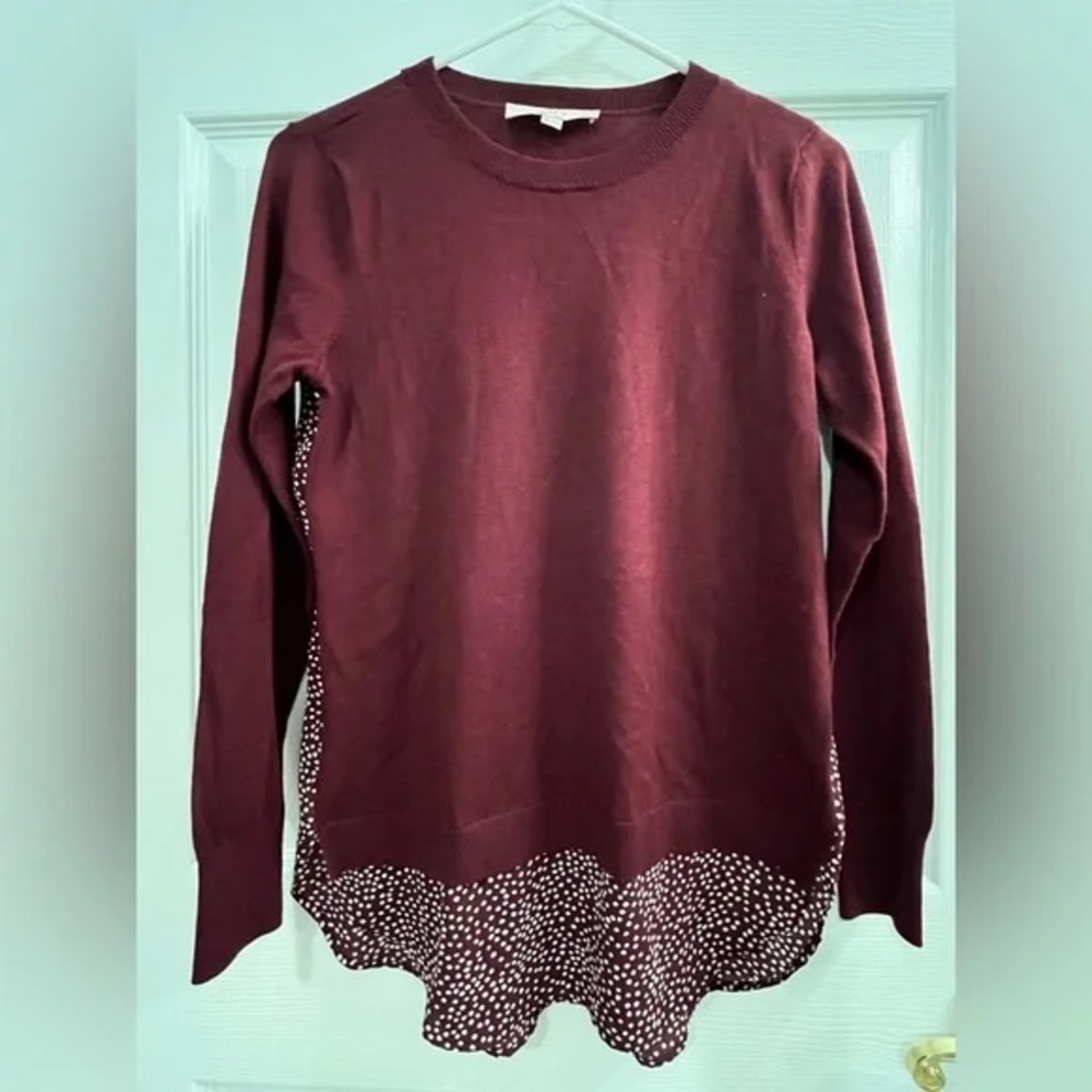 LOFT Burgundy and White Crew Neck Mixed Media Sweater - Size Small